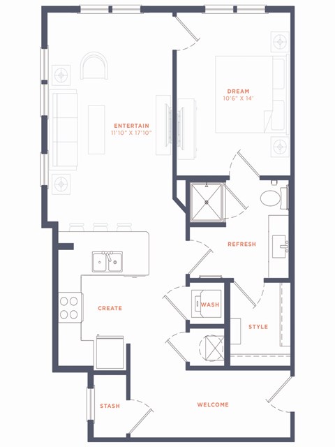 A floor plan of a house with rooms labeled as Dream, Entertainment, Create, Style, Stash, Welcome, and Refresh.
